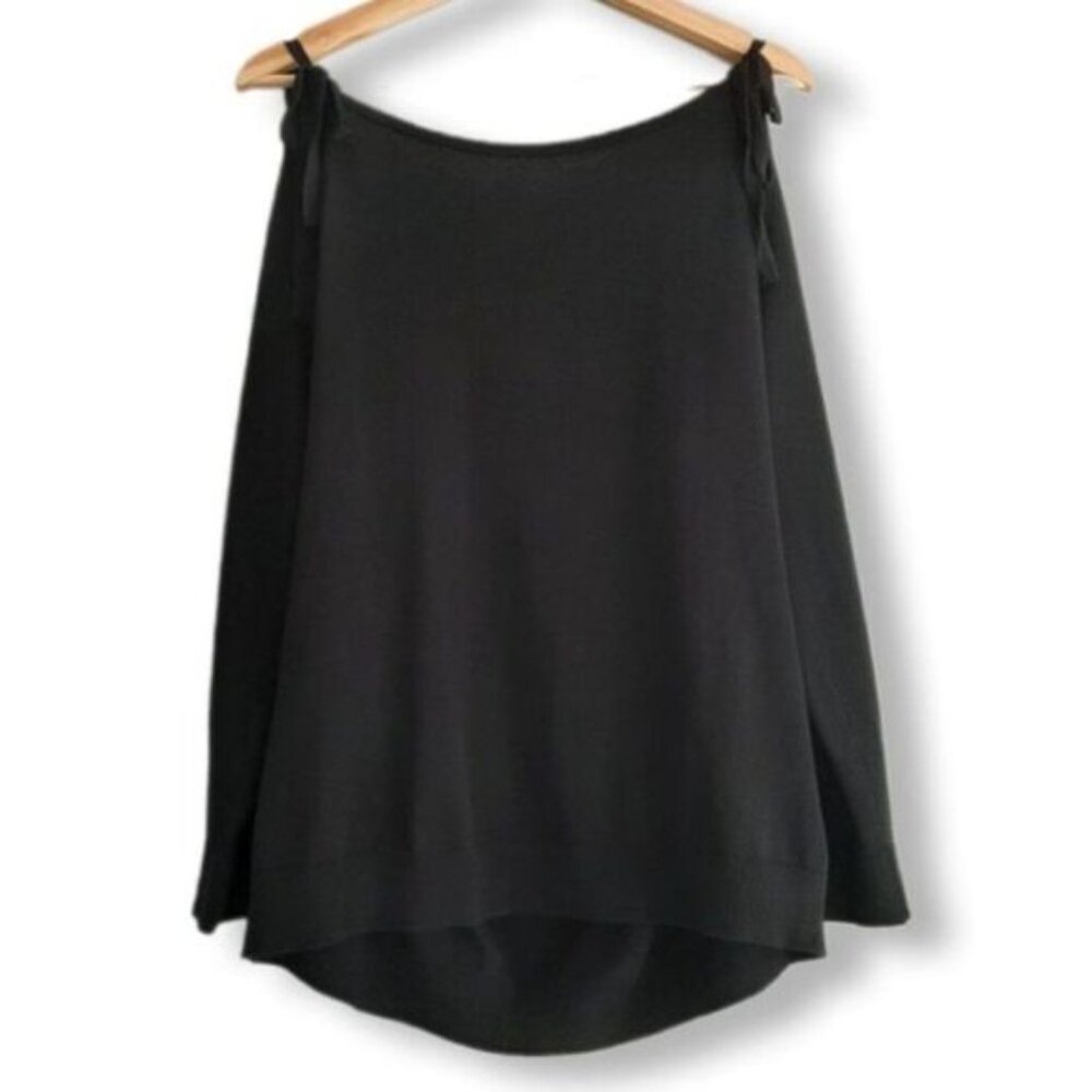 ANTHROPOLOGIE 100% Cotton Cold Shoulder Tie Sweater Black Sz M